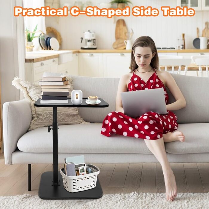 С-подібний бічний столик, поворотний на 360 та регульований по висоті диванний столик, журнальний столик, бічний столик, диванний столик, тумбочка для вітальні, спальні, ванної кімнати, ліжка (чорний)