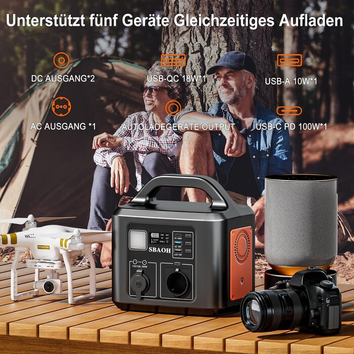 Портативна електростанція 600 Вт, сонячний генератор SBAOH 538,7 Втгод з акумулятором та виходом змінного струму/USB, мобільний генератор живлення для подорожей/кемпінгу/відпочинку на природі/для надзвичайних ситуацій