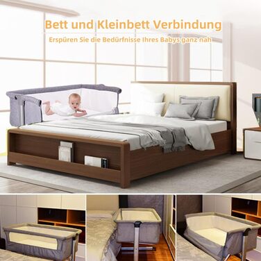 Дитяче ліжечко homewell Baby Bed Crib, дитяче ліжко та колиска 2 в 1, пружинне ліжко Baby Box, дитяче ліжко з колесами, москітна сітка, сумка для зберігання та матрац, регульована висота (модель 1 сірого кольору)