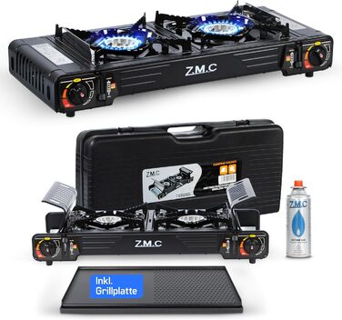 Туристична плита ZMC Premium з 2 конфорками, 2,5 кВт, п&39єзоелектричним запалюванням та футляром для перенесення Подвійна газова плита для використання на вулиці, балконі та в приміщенні Комплект газової плити (додатково) включає пластину для гриля 45x24