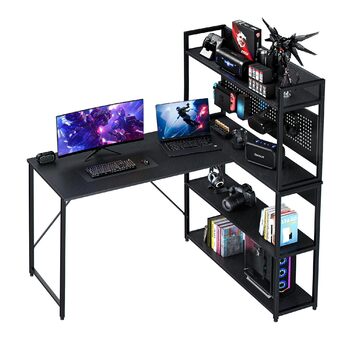 Г-подібний стіл Yansee, ігровий стіл з полицею, світлодіодне освітлення, порт зарядки USB, порт Type-C та розетка, кутовий стіл для домашнього офісу 120 x 50 x 75,5 см, чорний
