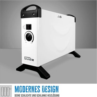 Конвекційний обігрівач Gde GKH 2000 (потужність нагріву 2 кВт, 3 рівні нагріву (0,75/1,25/2 кВт), безступінчастий термостат, максимальна продуктивність обігріву приміщення 45 м, безшумний конвекційний обігрів, захист від перегріву, ручки для перенесення)