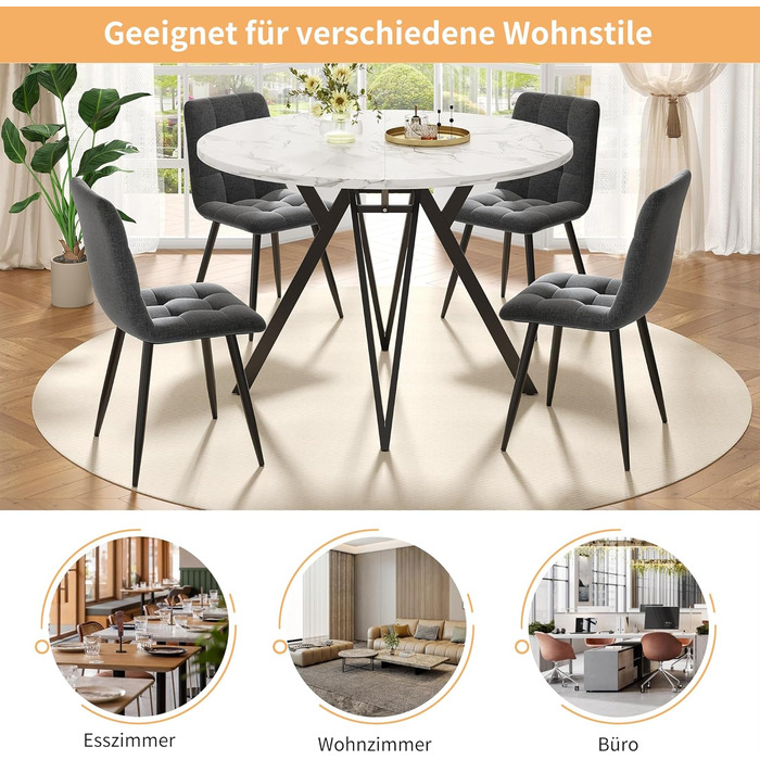 Круглий обідній стіл Merax 100 см, сучасний кухонний стіл для 4-6 осіб, обідній стіл з міцними чорними металевими ніжками, мармурова стільниця з МДФ, кухонний обідній стіл для вітальні, їдальні, офісу 100 x 100 x 76 см, мармуровий візерунок та чорний-6