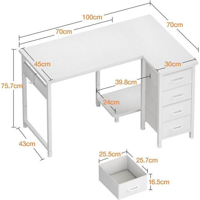 Кутовий письмовий стіл Coleshome, 100x70 см, L-подібний стіл з 4 шухлядами, двосторонній комп&39ютерний стіл для офісу, кабінету, спальні, білий 100 70 см