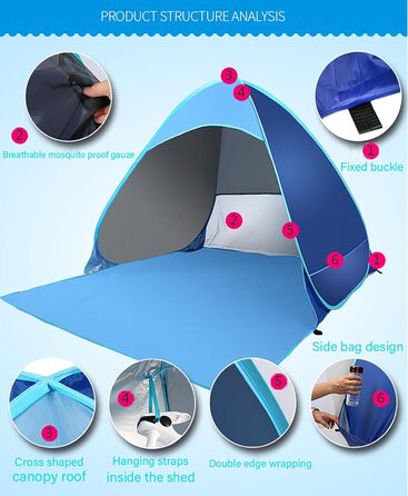 Розкладний пляжний намет із захистом від ультрафіолету 50, автоматичний розкладний намет на 2-3 особи, портативний пляжний намет із сонцезахисною тентом для кемпінгу та саду, невеликий розмір у пакувальному вміщенні