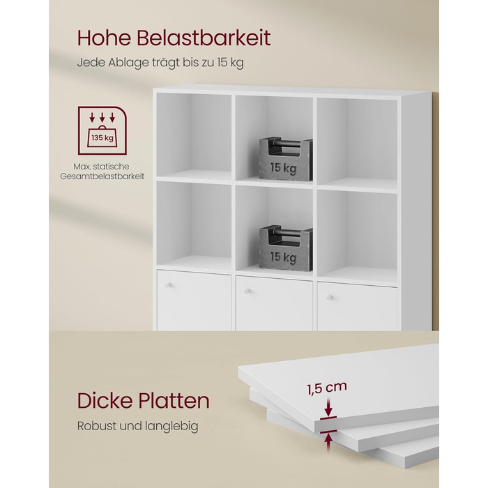 Книжкова полиця VASAGLE, 3-рівнева полиця, Відкрита полиця для зберігання, Окремостояча полиця, 29 x 97,5 x 97,5 см, 3 відділення з дверцятами, для вітальні, домашнього офісу, їдальні, Хмарно-білий LBC33WT
