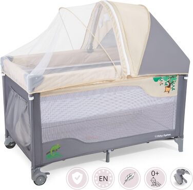 Дорожнє ліжечко-манеж Moby-System Huxley 2-в-1 з пеленальною підкладкою, 2 матрацами, москітною сіткою, сумкою для перенесення - для дітей від 0 до 36 місяців, 128x68x75 см, сірий/рожевий