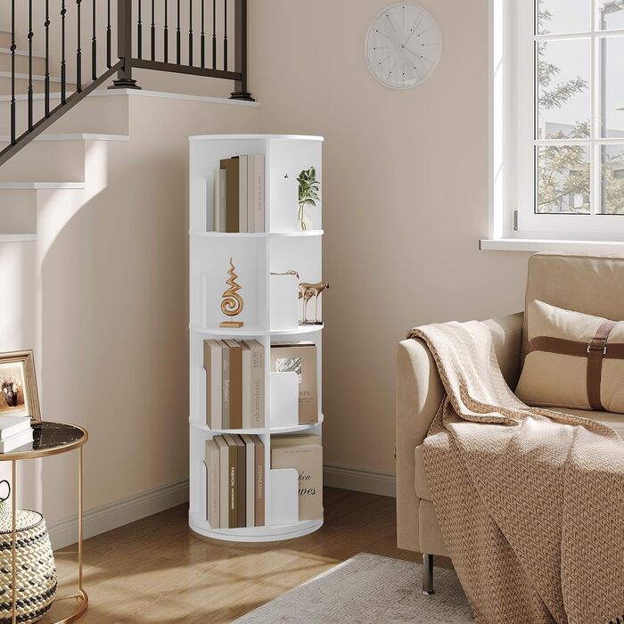 Поворотна книжкова полиця на 360 градусів, 4 яруси, 16 відділень, стояча полиця, поворотна полиця, офісна полиця, декоративна полиця, полиця для зберігання, для вітальні, спальні, офісу, дитячої кімнати, біла, 44xH127,4 см 0044SHG 44 x 127,4 см ( x h) біл