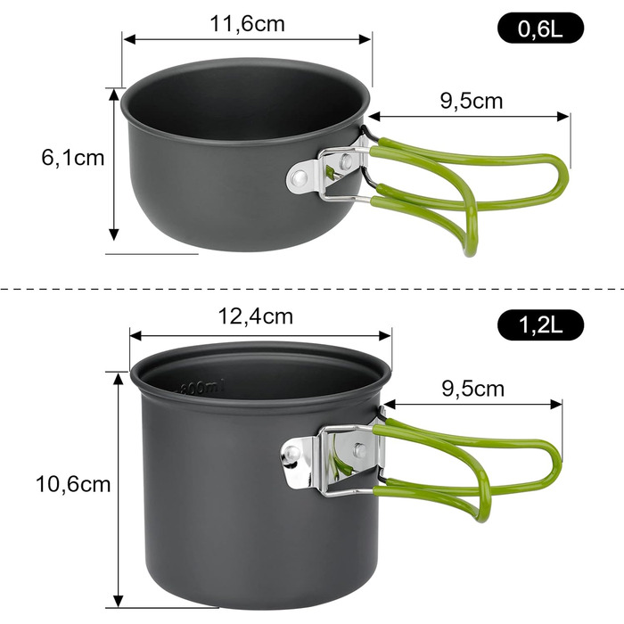 Набір посуду для кемпінгу ERBO, алюмінієвий горщик для кемпінгу, посуд для відпочинку на свіжому повітрі зі складними столовими приборами, кемпінговий посуд для 2 осіб, кемпінговий посуд для походів, риболовлі, пікніків (зелений)
