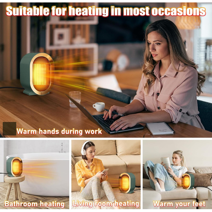 Портативний електричний обігрівач, енергозберігаючий та тихий, для ванних кімнат, невеликий електричний обігрівач, енергоефективний вентилятор-обігрівач із захистом від перегріву та перекидання, для офісу, дому, гуртожитку (зелений)
