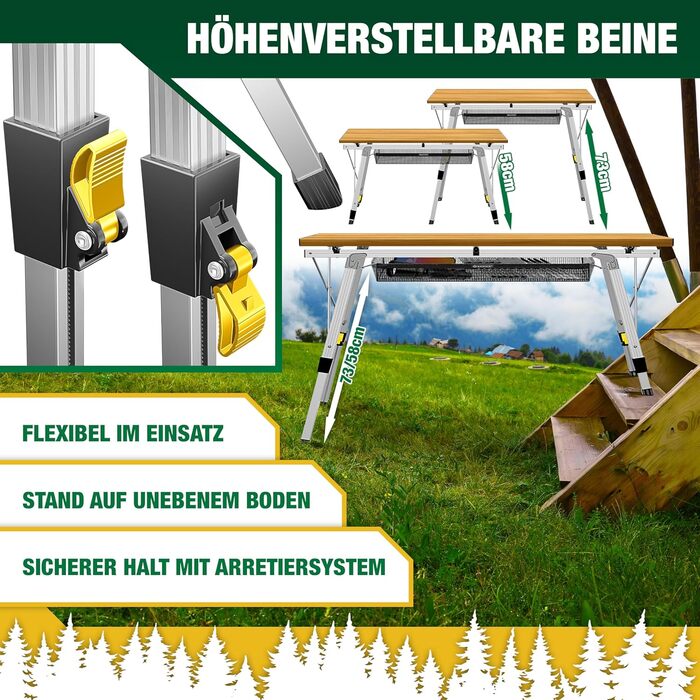 Складаний кемпінговий стіл KESSER з алюмінієвим каркасом, зсувна стільниця, регульована висота, 120x70 см - витримує до 100 кг, в комплекті сумка для перенесення з ремінцем та сітчастою кишенею, під дерево, 120 см x 70 см