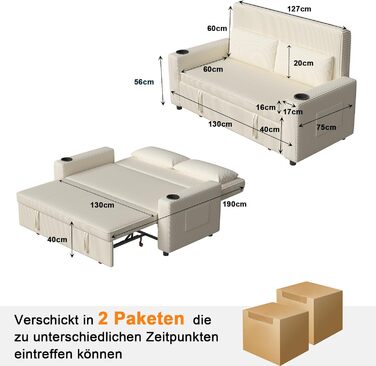 Диван Devoko з функцією сну, розкладний диван-ліжко з регульованою спинкою, невеликий диван-ліжко, розкладний диван, 2-місний диван для вітальні та спальні, бежевий 75Г x 160Ш см