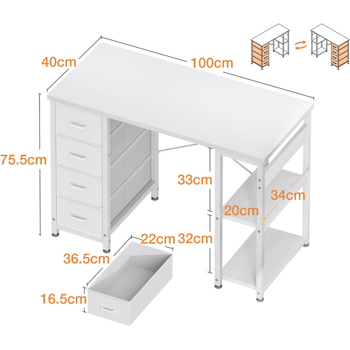 Невеликий письмовий стіл Coleshome з 4 шухлядами, 100x40 см, стіл з місцем для зберігання, двосторонній комп&39ютерний стіл з полицями, ПК-стіл для офісу, кабінету, спальні, білий