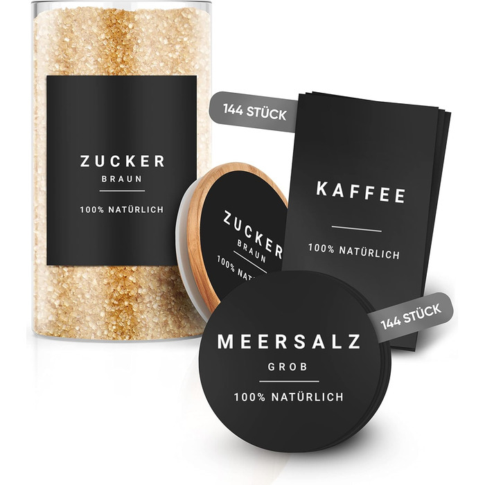 Етикетки для зберігання - Набір для кухні XXL Чорний - самоклеючі (288 шт. ) - Наклейки круглі мінімалістичні - водонепроникні Ети