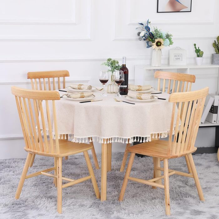 Бежева скатертина кругла 120 см Полотняна скатертина з бавовни, що миється, стійка до зминання Пилонепроникна з китицями для кухні