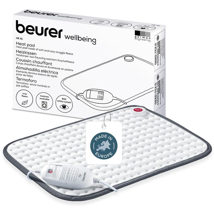 Грілка Beurer HK 41, м&39яка грілочка з 3 температурними режимами та автоматичним вимкненням, можна прати в пральній машині, зроблено в Європі, біло-сіра, 44 x 33 см, м&39який матеріал