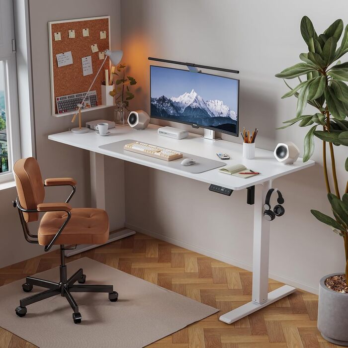 Стіл з регульованою висотою, електричний комп&39ютерний стіл 120 x 60 см, стіл для роботи сидячи та стоячи з 4 положеннями пам&39яті, стіл для роботи стоячи з 2 гачками для офісу, з&39єднувальна пластина, білий 120 x 60 см