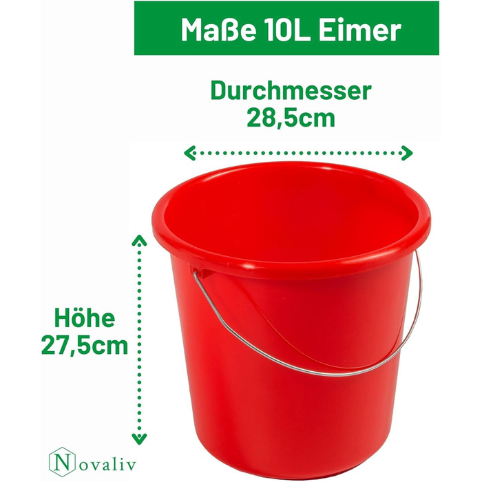 Відро 10л червоне зі шкалою - Відро для прибирання 10 літрів 28,5 см Практичне універсальне відро зі шкалою для дому та саду ідеально підходить як господарське відро, відро для води, відро для швабри, відро червоне 10 літрів, 3 шт.