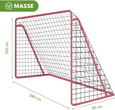 Дитячі футбольні ворота, переносні сталеві ворота з сіткою та кріпленнями до землі, футбольні ворота для дітей у саду та тренувань на свіжому повітрі, стійкі до атмосферних впливів та стійкі, червоні, 240 x 150 x 90 см