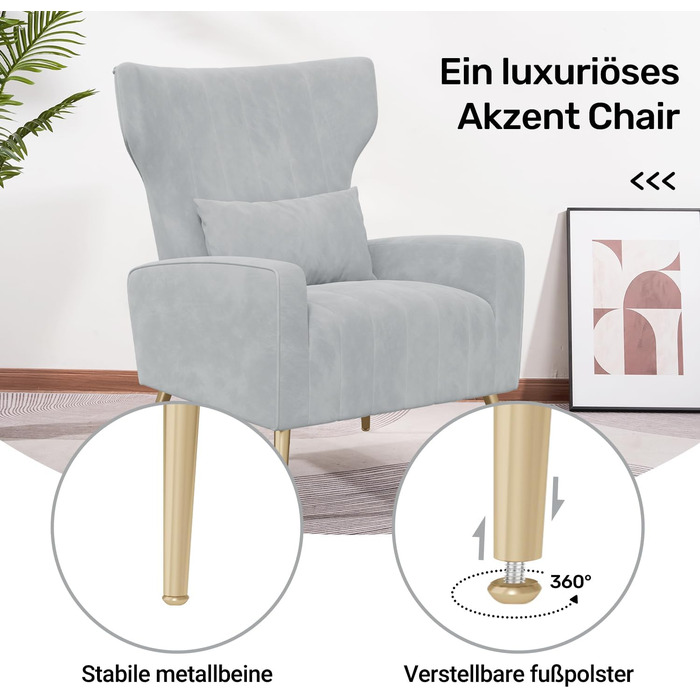 Крісло-рекордер/односпальний диван/крісло під телевізор/крісло-підголовник з підголівником та золотистими металевими ніжками, оксамит, до 130 кг, спальня, вітальня, сірий, комплект з