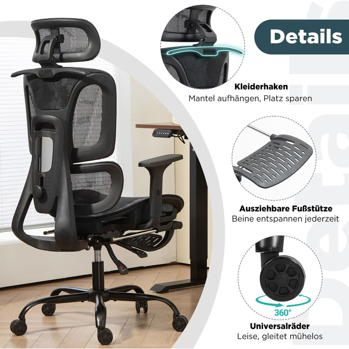 Ергономічне офісне крісло EROMMY з підставкою для ніг 3D-підголівник та регульовані підлокітники Регульоване по висоті робоче крісло з поперековою опорою Поворотне крісло з дихаючої сітки для домашнього офісу та ігор