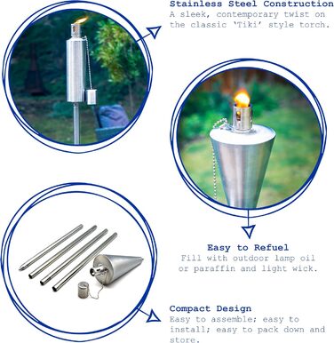 Металеві садові смолоскипи Harbour Housewares - бочка - 12 шт. - 146 см, срібні садові смолоскипи, освітлення, сучасне зовнішнє освітлення, парафінова лампа, ліхтар зі свічкою для вечірок, подій