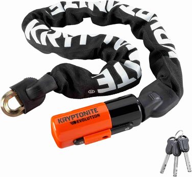 Ланцюговий замок Kryptonite Evolution 1090 - 90 см, клас безпеки 8/10, протиугінний, велосипедний замок високого рівня безпеки, зі сталевим ланцюгом 10 мм та 3 ключами, чорний, одинарний