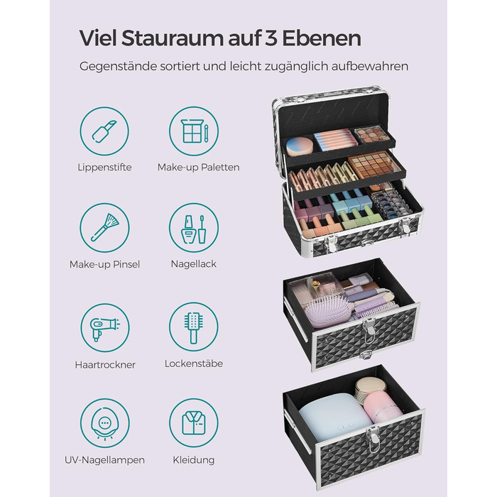 Візок для косметики, пенал для макіяжу 2 ящики, великий пенал для перукаря, пенал для макіяжу, 34 x 24 x 56 см, колеса обертаються