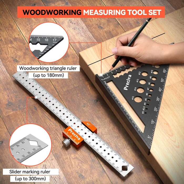 Набір столярних кутів, метрична трикутна лінійка Preciva 180 мм і ударний датчик 300 мм, лінійка зупинки Комбінована кутова лінійка з алюмінієвого сплаву для DIY, роботи по дереву, домашньої роботи