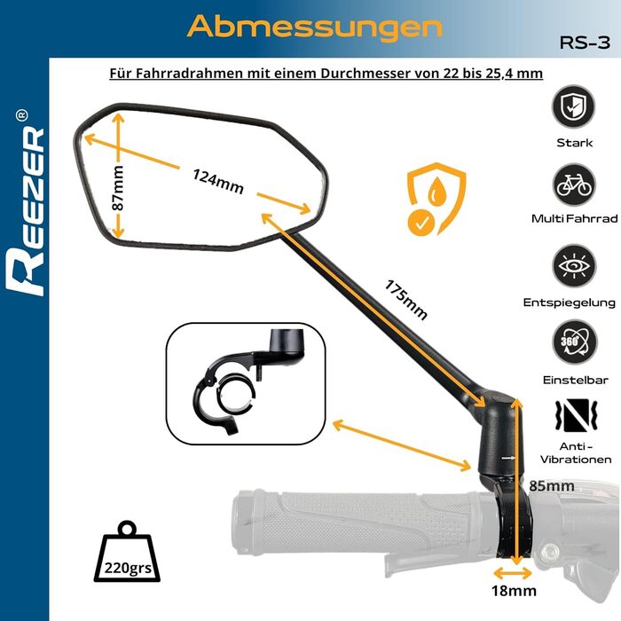 Лівостороннє велосипедне дзеркало REEZER RS3 з надзвичайно великою дзеркальною поверхнею - Регульоване на 360 велосипедне дзеркало для керма електровелосипеда та електросамоката - Дзеркало заднього виду, сумісне з усіма моделями - ЛІВОРУЧЕ
