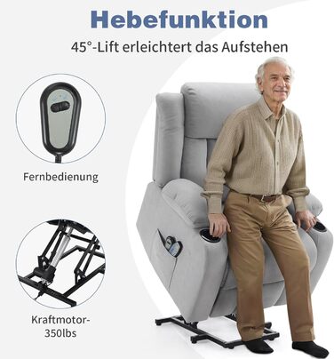 Крісло-реклайнер LEADZM для телевізора з підйомником, електричне масажне крісло з функцією відкидання, допомога вставанню, масаж, підігрів, 2 бічні кишені, підстаканник, світло-сірий
