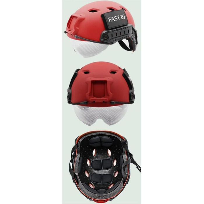 Тактичний рятувальний шолом червоного кольору із захисними окулярами та системою MOLLE, може використовуватися із сигнальними ліхтарями, прожекторами та високопродуктивними ліхтарями в тактичних іграх або рятувальних операціях.