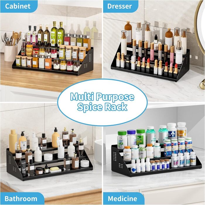 Рівнева підставка для спецій, органайзер для кухонних полиць, органайзер для спецій, розширюваний металевий органайзер для кухонних шаф від 34 см до 55 см, для стільниць, кухні, їдальні - чорний, 3-
