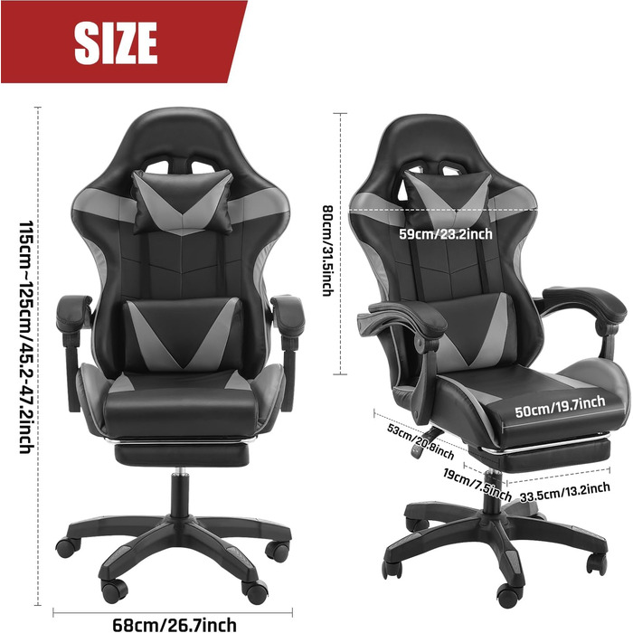 Ігрове крісло, комп&39ютерне крісло з підставкою для ніг та поперековою подушкою, ергономічне гоночне ігрове крісло з регульованим підголівником, офісне крісло, ігрове крісло вантажопідйомністю 150 кг (чорно-сіре).