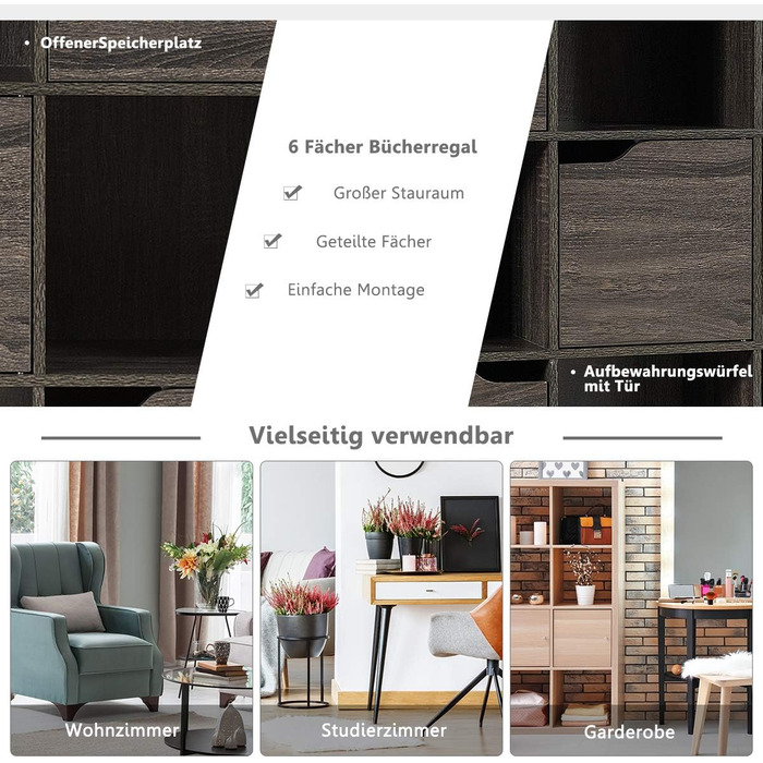 Книжкова шафа COSTWAY з 5 дверцятами та 9 відділеннями, окремостояча полиця, офісна полиця, полиця для зберігання речей для вітальні, спальні, 90 x 29 x 90 см, сірий