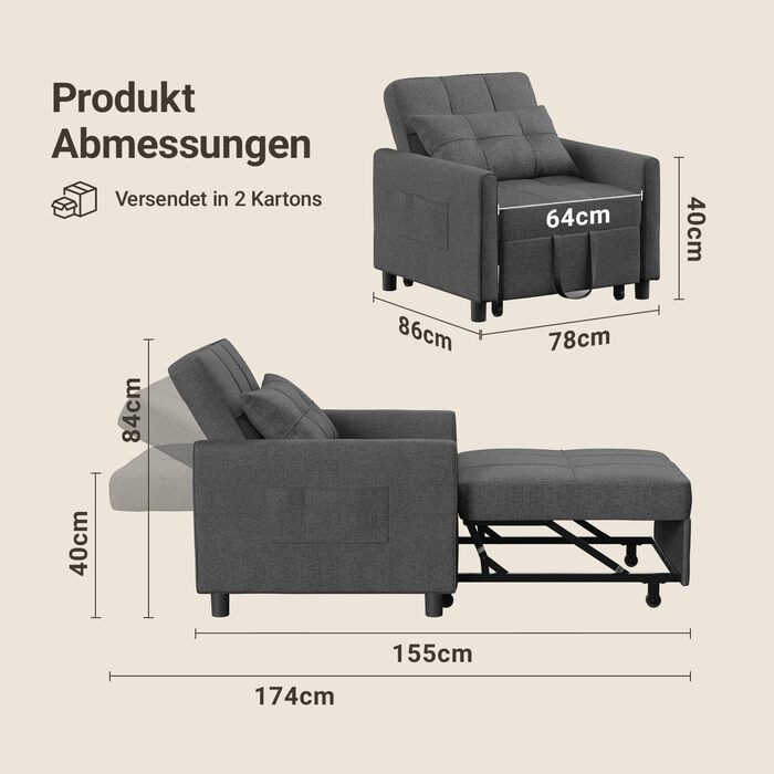 Крісло-ліжко Xbro 3-в-1, розкладне крісло-ліжко, крісло-ліжко з функцією ліжка, регульований диван-ліжко з подушкою та бічною кишенею, крісло з функцією сну для невеликих квартир (темно-сірий)