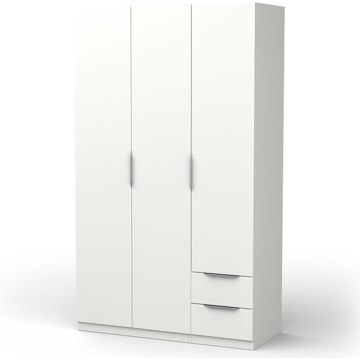 Сучасна шафа з рейкою для вішалок, 3 двері, 2 шухляди, 4 полиці матово-білий 119,4 x 51,1 x 203 см
