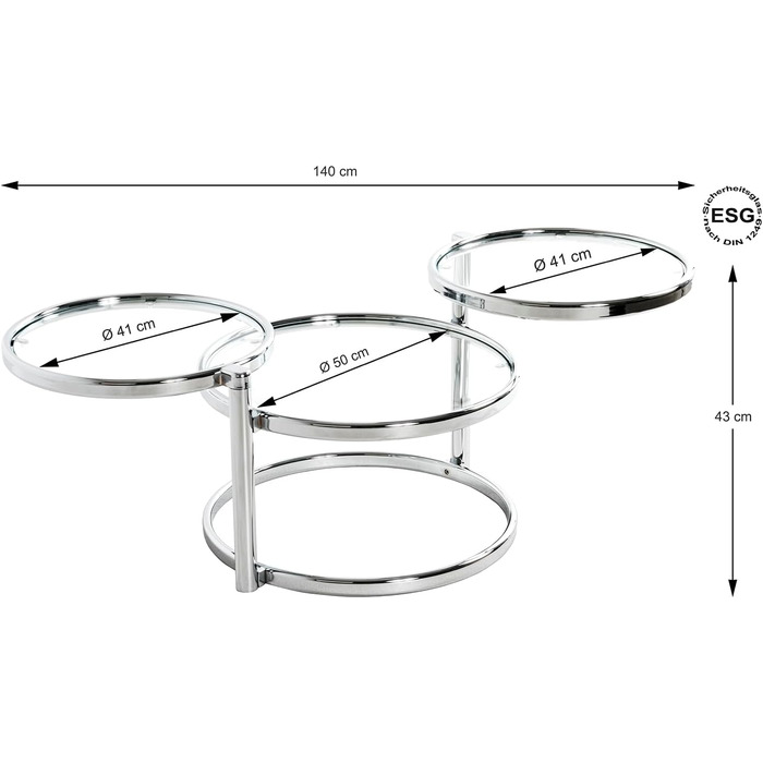 Журнальний столик HAKU Furniture, хром, метал, безпечне скло - Розміри Ш 58-140 см x В 43 см x Г 50 см, Стиль Сучасний