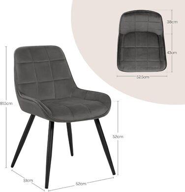 Обідні стільці WOLTU, Комплект з 2 шт. , М&39які оксамитові стільці, М&39які кухонні стільці, Акцентні стільці для вітальні, спальні, кухні, Ергономічні стільці зі спинкою, Темно-сірий, BH331dgr-2 Темно-сірий оксамит