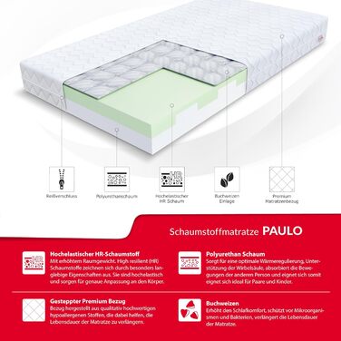 Матрац FDM 80x160 см, рівень жорсткості H3, висота 16 см, дитячий матрац, пінополіуретановий матрац, HR-піна, пінополіуретан, гречка, 7 зон комфорту з гіпоалергенним покриттям, чохол преміум-класу, що прається, сертифікований Oeko-Tex, Paulo 80 x 160 см