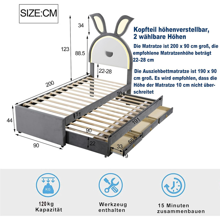Дитяче м&39яке ліжко 90x200 см з світлодіодною підсвіткою у формі вуха кролика, односпальне ліжко з висувним ліжком та 3 шухлядами для зберігання речей для 2 дітей, каркас ліжка з рейковою основою з дерева, оксамит, сірий колір, без матраца
