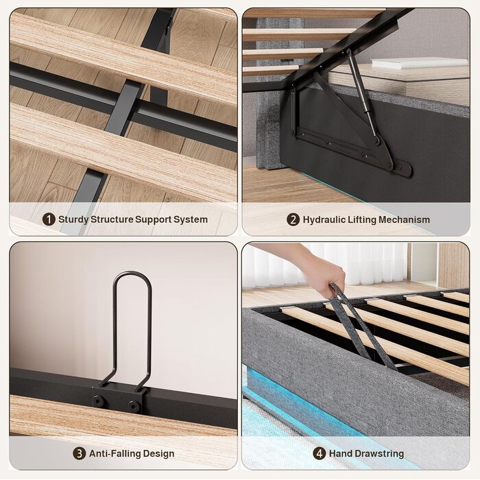 Ліжко Xbro з м&39якою підкладкою 140x200 з гідравлічним відділенням для зберігання, розетками та світлодіодним кільцевим освітленням, каркас ліжка з рейковою основою та ящиком для зберігання, двоспальне ліжко для спальні, сучасний дизайн, темно-сірий колі