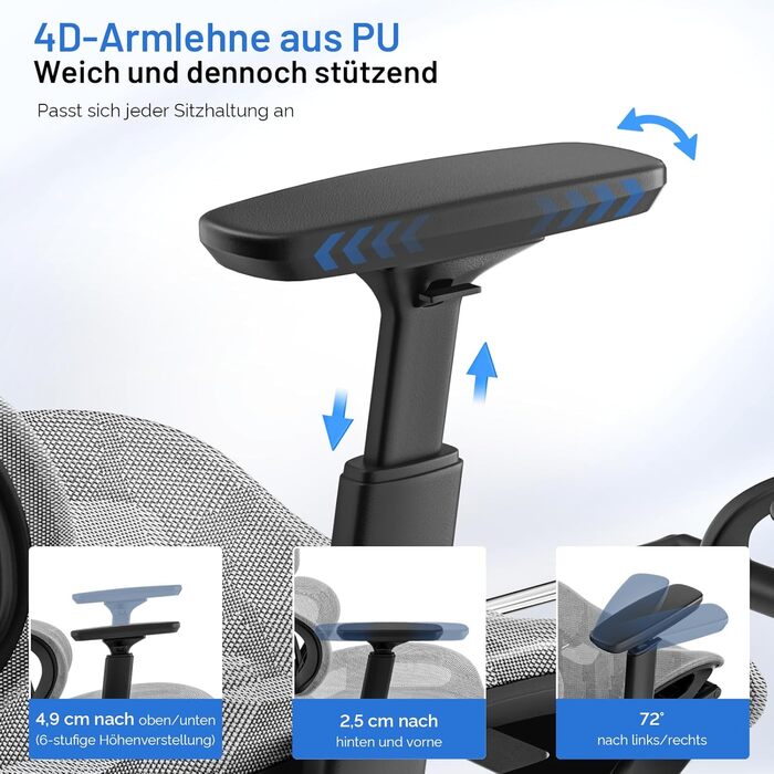 Ергономічне офісне крісло, стілець для роботи з підставкою для ніг, регульована спинка 90-120, поперекова підтримка, підлокітники з 4D PU, міцні металеві ніжки, надзвичайно широка подушка, темно-сірий колір, підходить для дорослих.