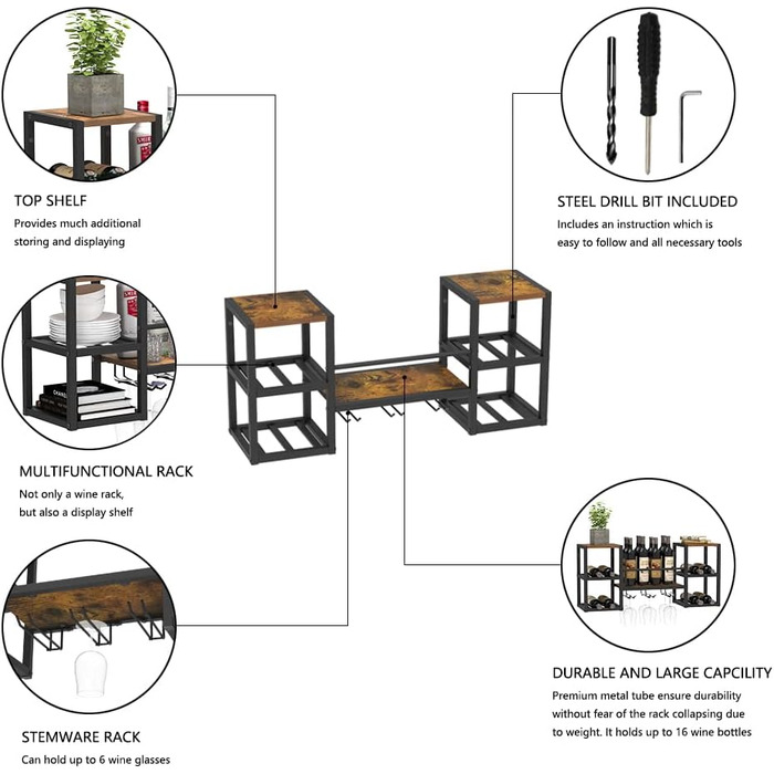Настінна винна полиця VEDECASA промислового типу з 3 тримачами для парових келихів, часткова дерев&39яна полиця, чорний металевий тримач для пляшок, багатофункціональна винна вітрина для домашнього бару, їдальні, кухні, коричнева