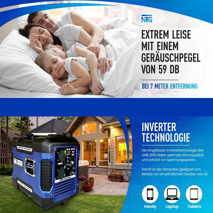 Інверторний електрогенератор GNR.2050 тихий лише 59 дБ(А) об'єм бака 4 л l 4-тактний двигун l бензиновий l з ручкою для перенесенн