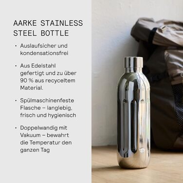 Пляшка для води Aarke To-Go з нержавіючої сталі для негазованих та газованих напоїв, сумісна з Carbonator Pro, з подвійними стінками та вакуумною ізоляцією, герметична та придатна для миття в посудомийній машині, 500 мл