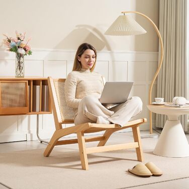 Крісло HOMCOM, Крісло-реклайнер без підлокітників, Крісло зі спинкою з ротанга, Дерев&39яний каркас, Крісло для читання для вітальні, спальні, натуральне дерево