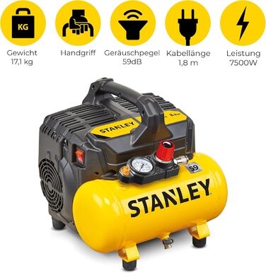 Компресор Stanley DN200/8/6 - Повітряний компресор 8 бар - Підлоговий компресор з ємністю бака 6 л - Безмасляний всмоктувальний ко