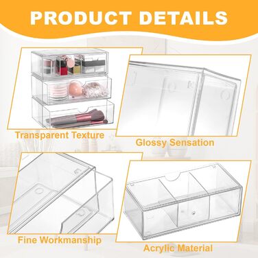 Акриловий органайзер для косметики Hejo з 3 предметів, органайзер для макіяжу, органайзер для туалетного столика, органайзер для шухляд у ванній кімнаті, штабелюваний органайзер для макіяжу, контейнер для ватних тампонів для ванної кімнати та комода (проз