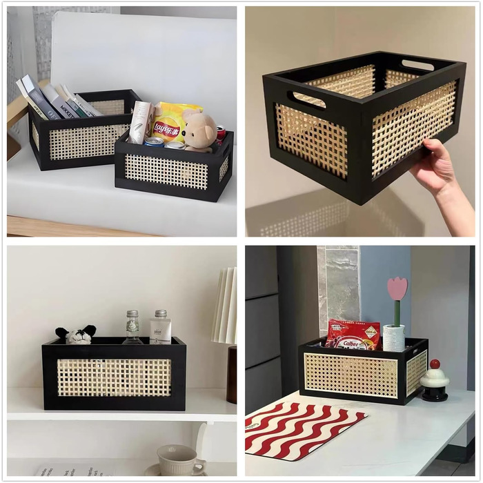 Бамбуковий прямокутний кошик для зберігання, плетений кошик з чорного дерева з ручкою, настільні кошики для зберігання для дому, офісу, шафи, полиці (L)